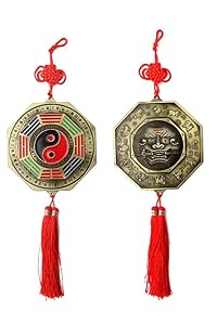 Feng Shui Foo Dog Biting a Sword & Bagua Mirror with Chinese Knot Tassel, Free Set of 10 Lucky Charm Ancient Coins on Red String,for Family Protection
