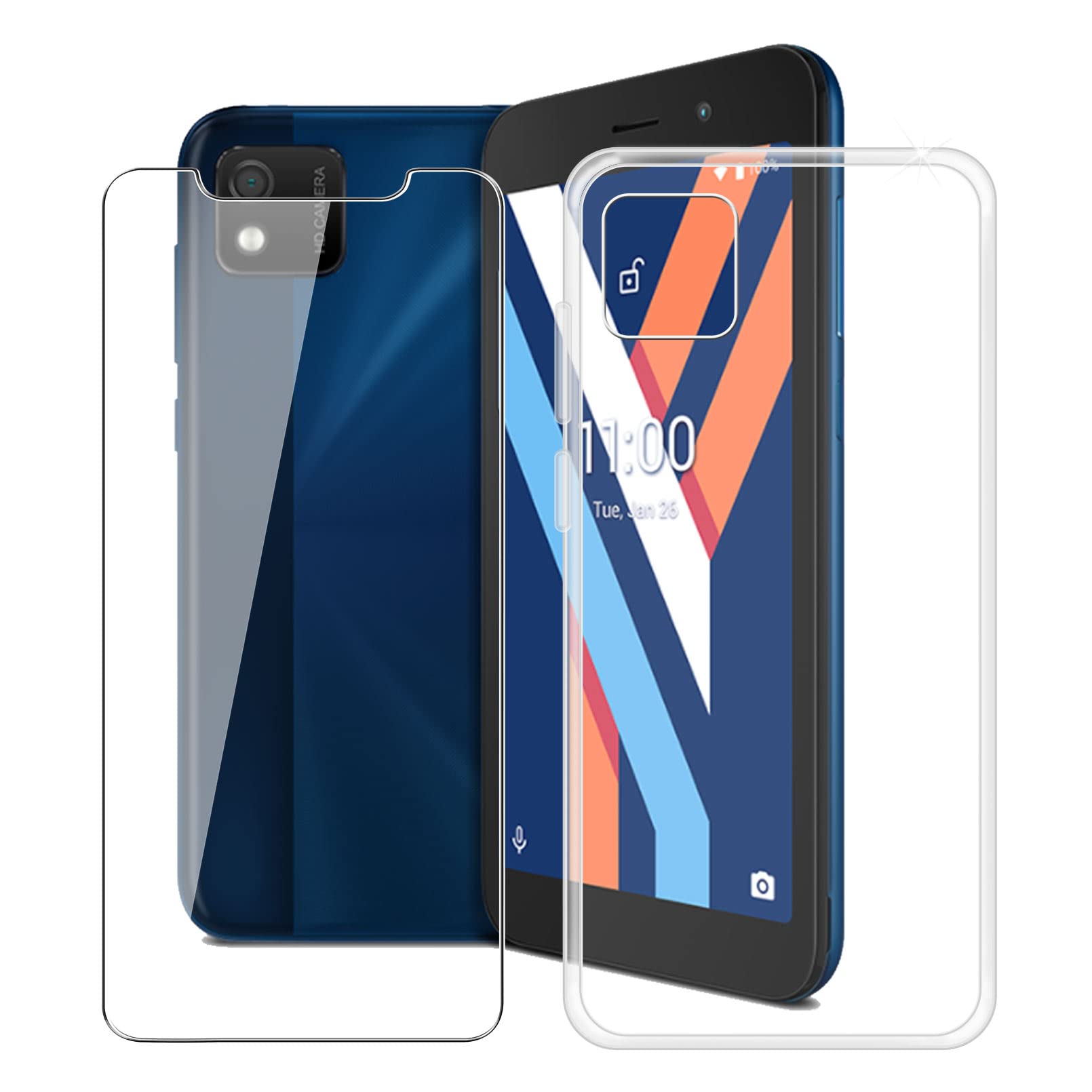 HHUAN Case for Wiko Y52 (5.00") with Tempered Glass Screen Protector, Clear Soft TPU Silicone Bumper Anti-Scratch Protective Case for Wiko Y52 - Clear
