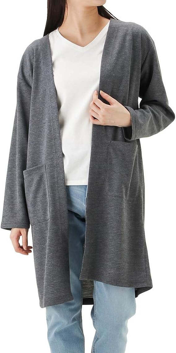 Amazon カーディガン 長袖 ロングカーディガン レディース カノコ天竺裏ボーダーカーディガン ロング丈 カーデ ボタンなし チャコール M カーディガン ボレロ 通販