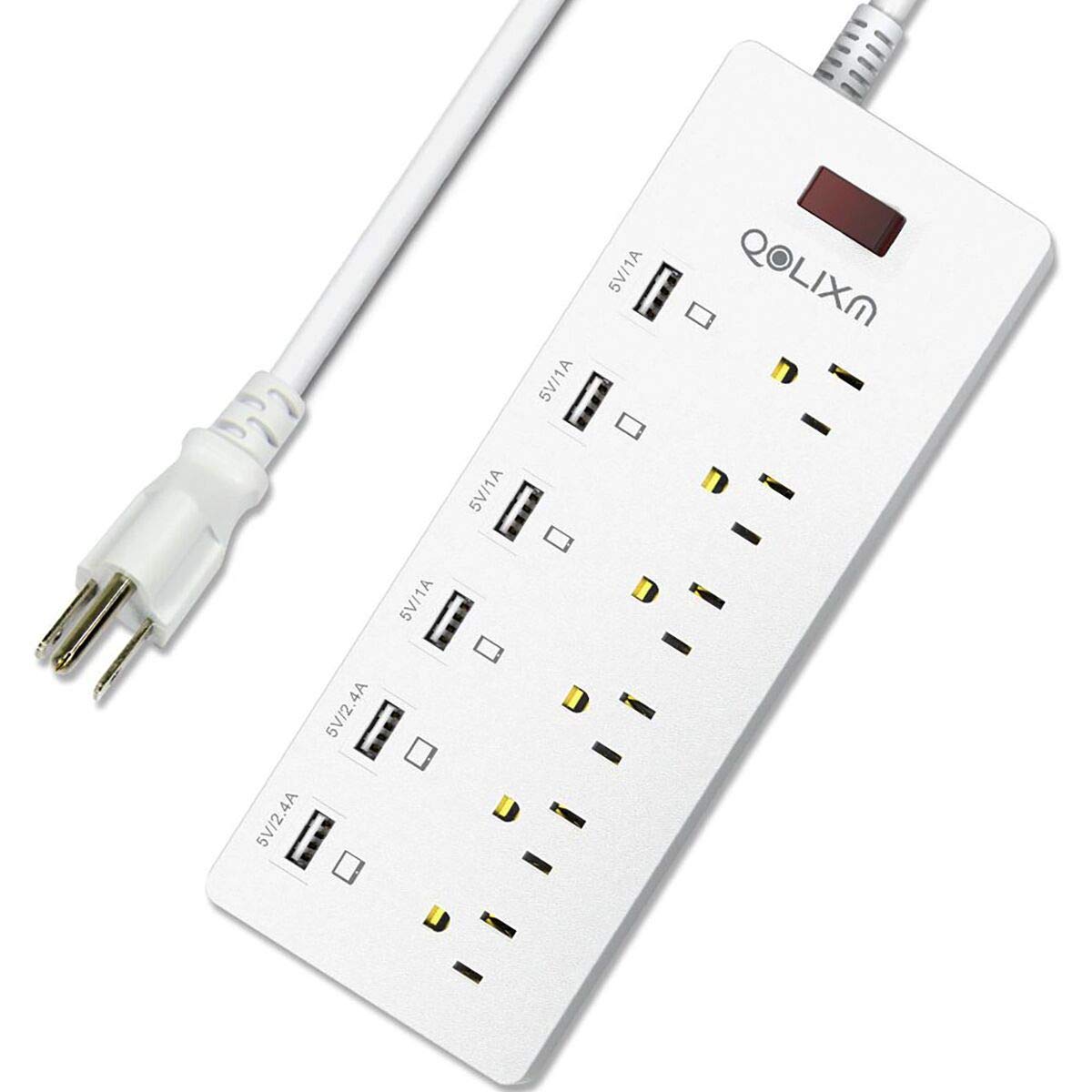 QOLIXM Power Strip Surge Protector 6 AC Outlets with 6 Smart USB Charging Ports Plug Strip with 6 Foot Heavy Duty Extension Cord,1625W/13A (White)