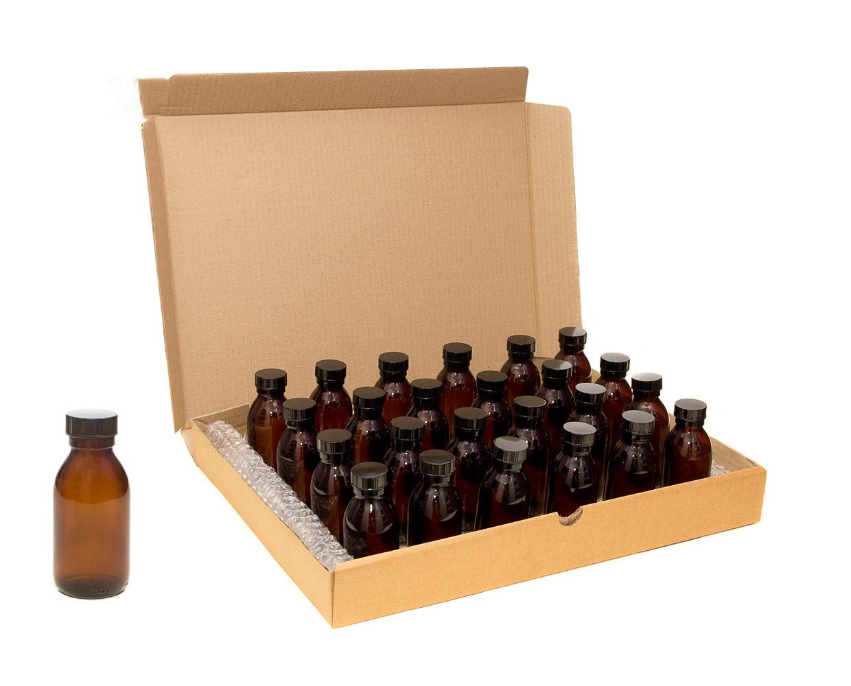 100ml AMBER Glass Bottles with BLACK Lids - PACK of 24
