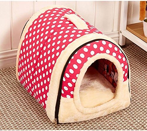 Multifuctional Warm Fleece Soft Removable Dog House Nest with Mat Foldable Pet Dog Cat Bed House for Small Medium and Large Dogs (L, Polka Dotted Red)
