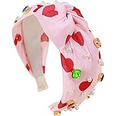 NZRAESTRS 1Pcs Pink Valentines Headband Red Hearts Knotted Headbands with Pearl Rhinestones Jewelry Hair Accessories Romantic Valentine Hair Bands Heart Head Bands for Women