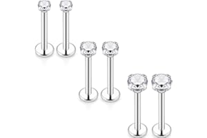 Kridzisw 16G Lip Labret Monroe Medusa Rings Studs Internally Threaded 316L Surgical Steel Flat Back Nose Studs Cartilage Tragus Helix Earring Piercing 6mm 8mm 10mm Bar 2mm 3mm 4mm CZ 3pairs
