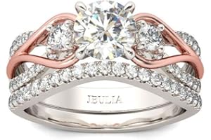 Jeulia Two Tone Rings for Women Rose Gold Three Stone Round Cut Engagement Rings Sterling Silver Halo Bridal Ring Set Anniversary Promise Wedding Ring with Jewelry Gift Box