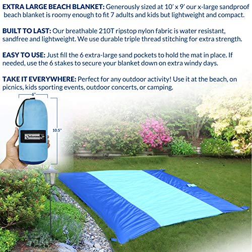 Outdoorsman Lab Sand Free Beach Blanket | Water Repellant Sand Proof Beach Mat | 10'x9' Parachute Nylon for Picnics, Camping, Concerts | 6 Sand Pockets, 4 Pegs, Carrying Bag & Strap - Thumbnail 6