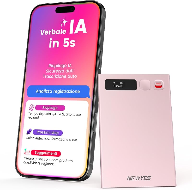 Registratore Vocale AI con app dedicata,trascrivi e riepiloga,Durata della batteria di 35 ore,memoria da 64 GB per riunioni,lezioni,chiamate,affari, lezioni (rosa)