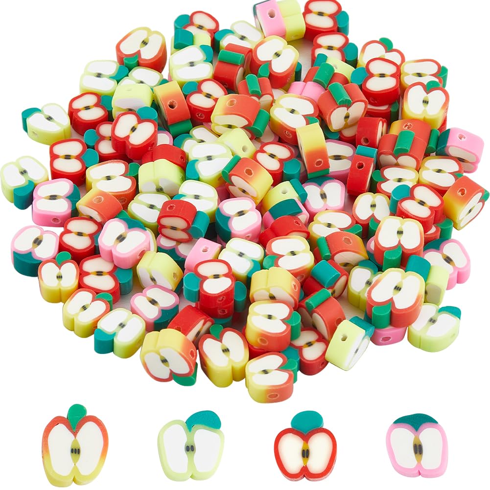 SUNNYCLUE 1 Box 200Pcs Polymer Clay Beads Red Apple Green Pink Fruit Spacer Beads Teacher Beads Handmade Clay Apple Shape Slice Flat Beads for jewellery Making Beading Kits Bracelets Keychain Supplies