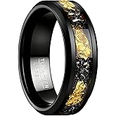 NUNCAD 8mm Black Tungsten Rings for Men, Meteorite Rings for Men With Gold Foil Inlay Beveled Edge, Promise Engagement Wedding Bands High Polished Comfort Fit Size 7-12