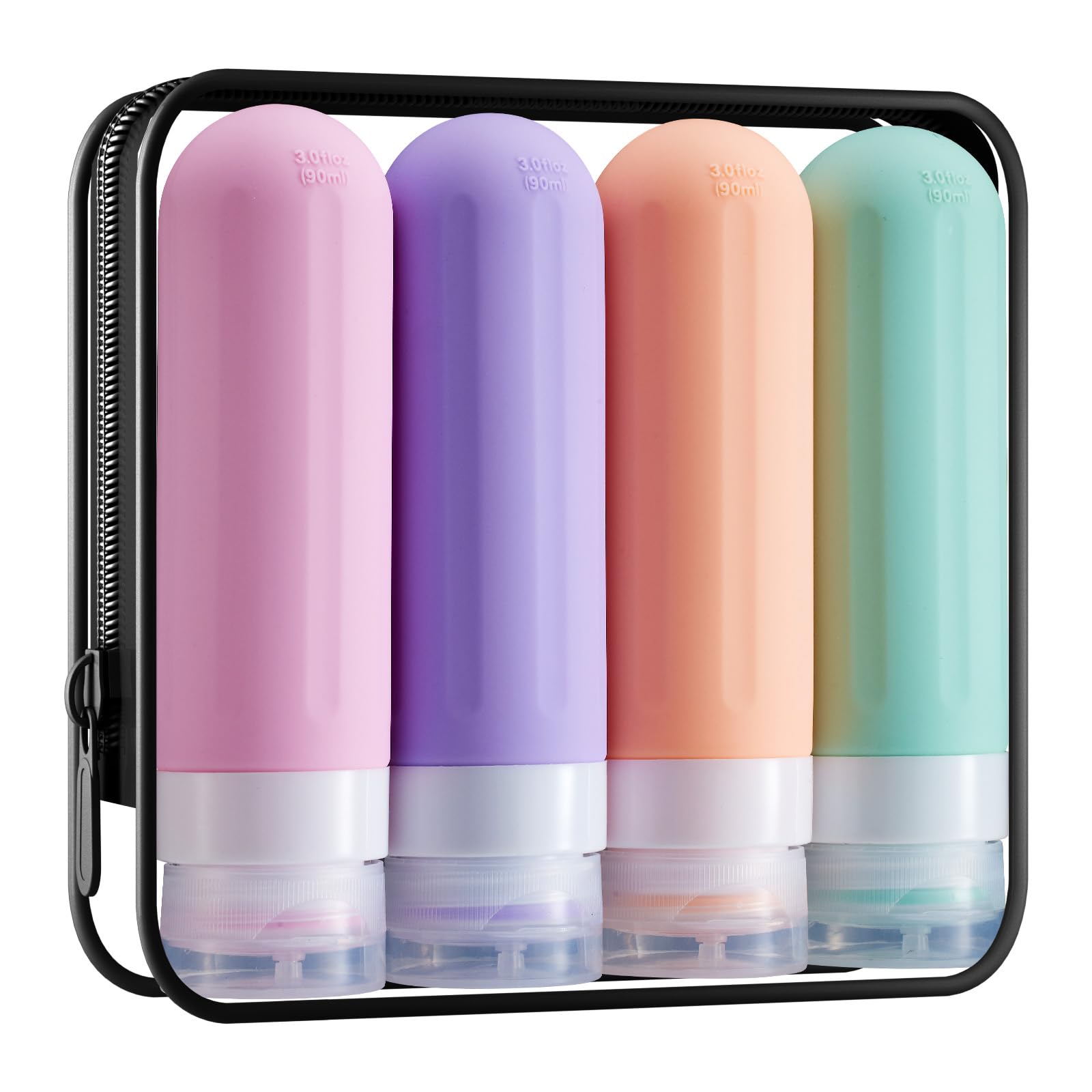 XMOSNZ 3oz Silicone Travel Bottles 4pcs Travel Bottles for Toiletries 90ml with Clear Bag Refillable Shampoo and Conditioner Bottles Bpa Free and Tsa Approved Travel Accessories(4Pack)