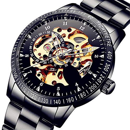 Mens Black Stainless steel Gold dial Steampunk Skeleton Luxury Casual Automatic Mechanical Wristwatch