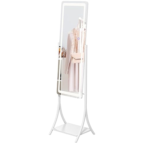 HOMCOM Full Length Mirror with LED Lights, Dimmable Free Standing Full Body Mirror with 3 Temperature Colours, Adjustable Angle and Storage Shelf for Bedroom, Living Room, Hallway, White