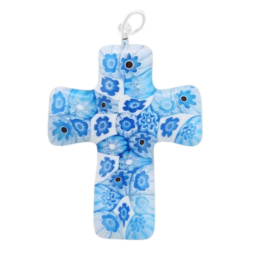 Glass Of Venice Murano Glass Tender Blue Millefiori Cross Pendant