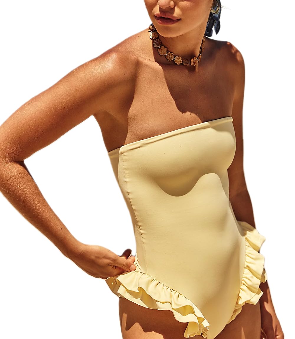 Photo 1 of Mxiqqpltky One Piece Womens Swimsuits Y2k Ruffle Bathing Suit Spaghetti Strap Square Neck Tummy Control Slimming Swimwear (US, Alpha, Medium, Regular, Regular, Yellow)