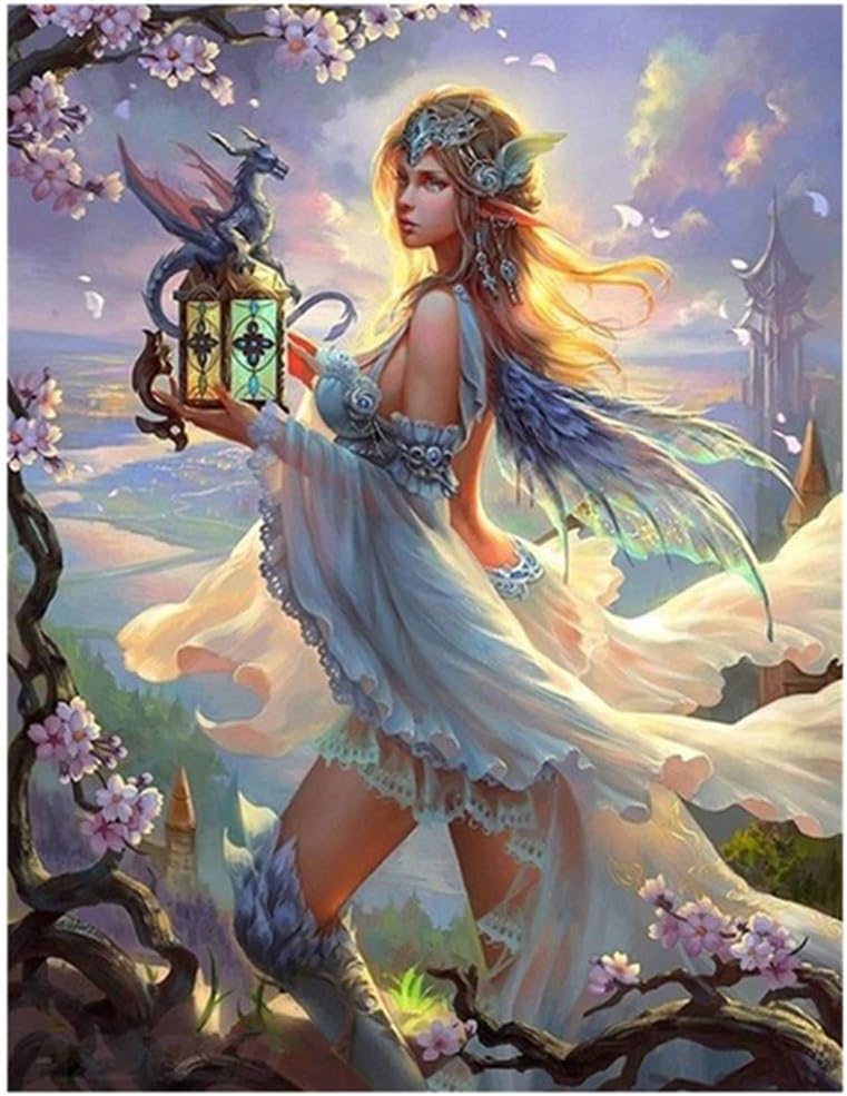 5D Diamond Painting by Number Kit, feilin Fairy and Dragon Full Drill Rhinestone Embroidery Cross Stitch Supply Arts Craft Wall Decor Gift 40x30cm