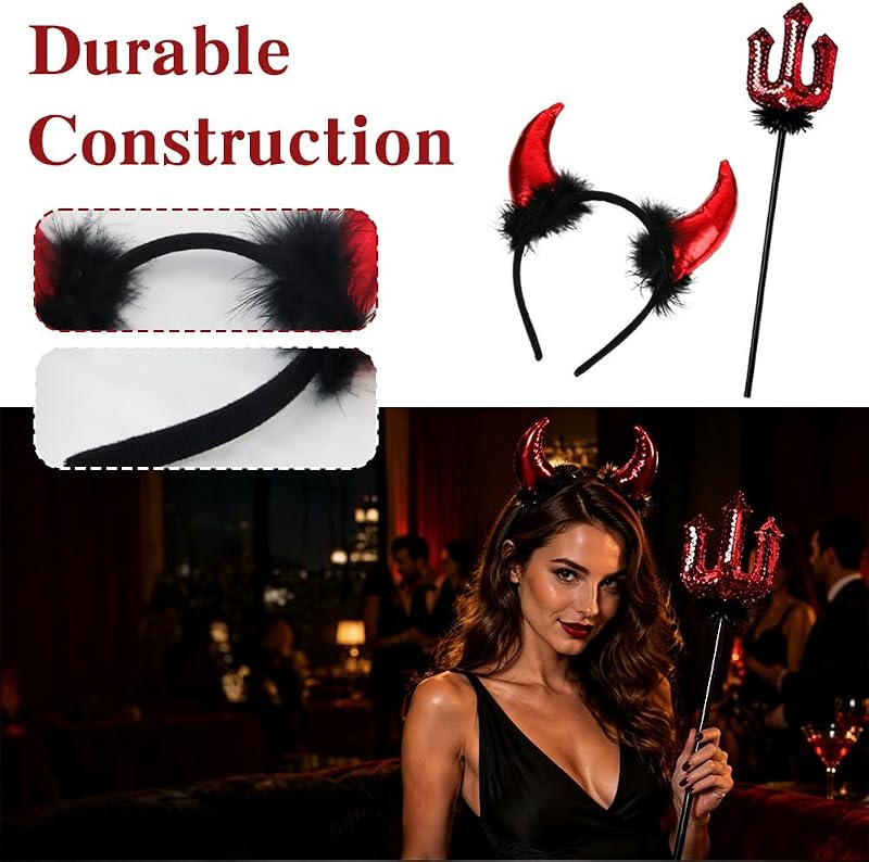 Halloween Teufelshörner Stirnband mit Pailletten-Gabel – 2-teiliges Rot-Schwarzes Dämonen Kostümzubehör für Erwachsene, Unisex Faschingsparty, Maskerade & Karneval — Foto 6 von 7