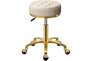 HZLCMPY Rolling Stool Gold Vanity Stool with Wheels, Pedicure Massage Roller Stools, PU Leather Round Swivel Salon Spa Chair, Titanium Gold Base, Height Adjustable 43-55 cm (Off White)