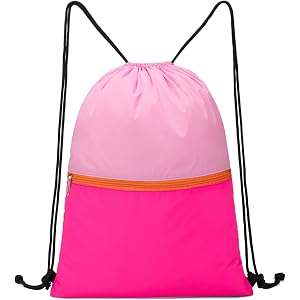 Veious Small Drawstring Backpack Bag, Gym Sackpack for Sports, Pink | Lightweight Swim Bag Cinch Bag with Zipper Pockets