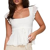 Women Lace Babydoll Tank Top Y2k Cap Sleeve Peplum Top Flowy Layered Ruffle Crop Cami Coquette Floral Going Out Shirt