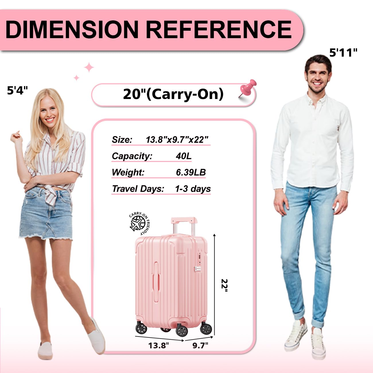 Krute Carry on Luggage 20 Inch USB Suitcases with Spinner Double Wheels Cup Holder PC+ABS Hardside Luggage with TSA Lock (Pink)