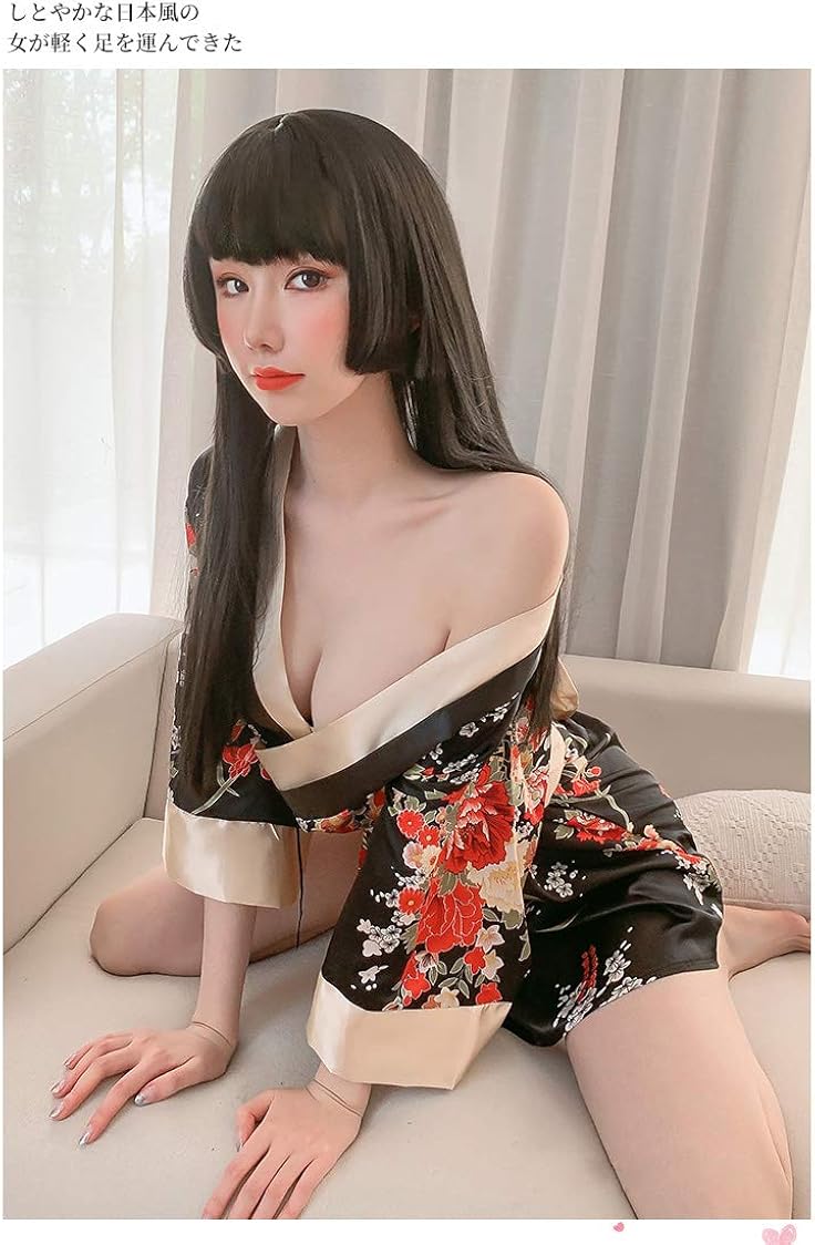 Women's Traditional Japanese Kimono Style Robe Yukata Costumes Pajamas Sexy Cosplay - black - Large, 7972-black - Image 5