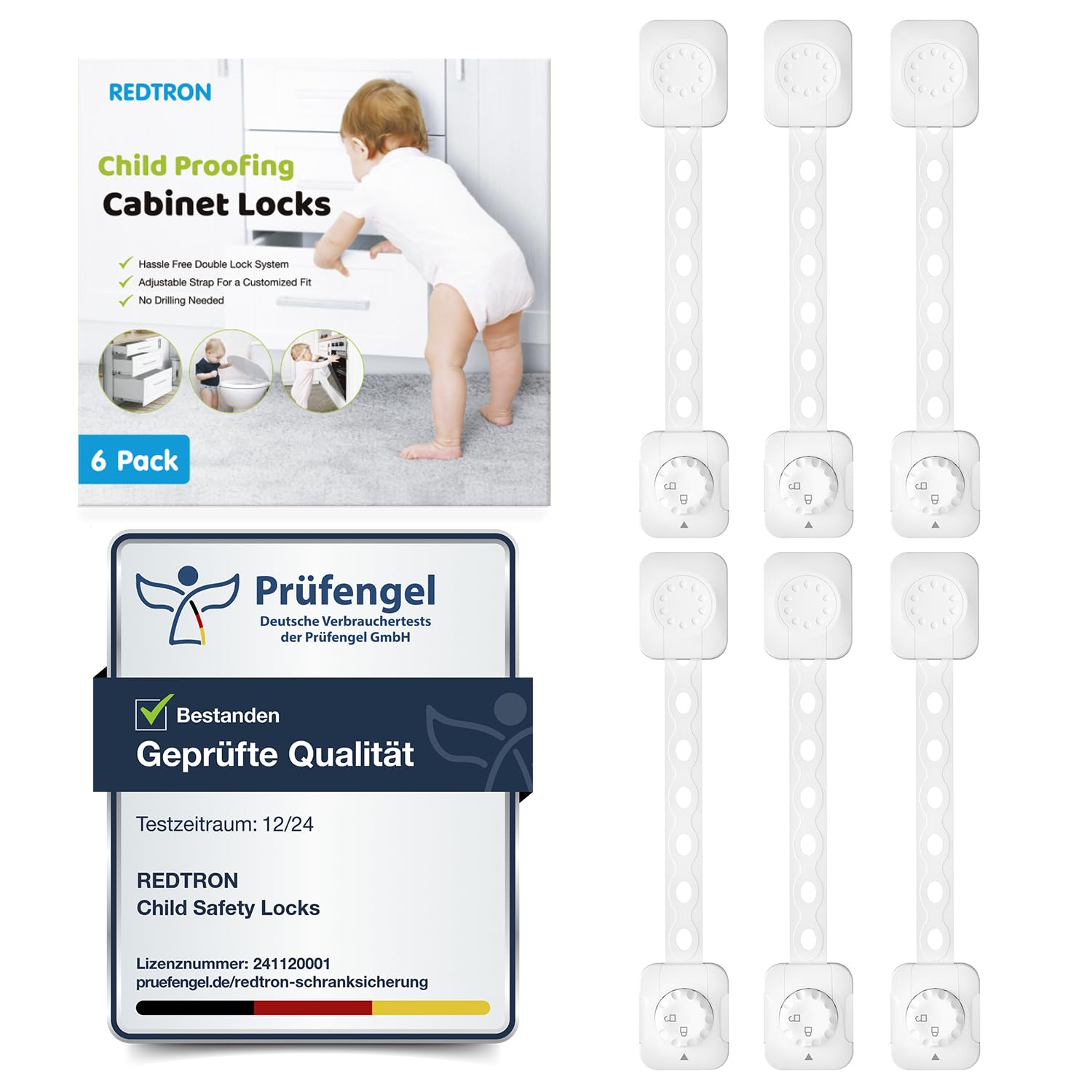 REDTRON Adjustable Cupboard Locks for Children, 6 Pack Baby Safety Drawer Latch, Child Locks for Cabinets, Drawer, Closet, Fridge, Refrigerator, Trash, with Upgraded Adhesive Double Lock System(White)