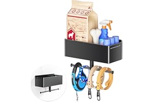 Oukimly Dog Leash Holder for Wall, Dog Leash Hooks, Pet Stuff Organizer with Shelf Storage, Metal Key Holder, Leash Hangers Organizer Rack for Pet Collar, Toys, Treats, Poop Bag (Black)