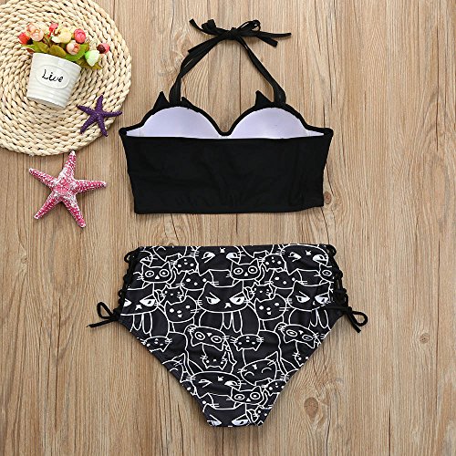 Hot Sale Bikini,Han Shi Women Halter Cat Print Padded Underwire Bathing Swimsuit Swimwear (Black, L) - Thumbnail 2