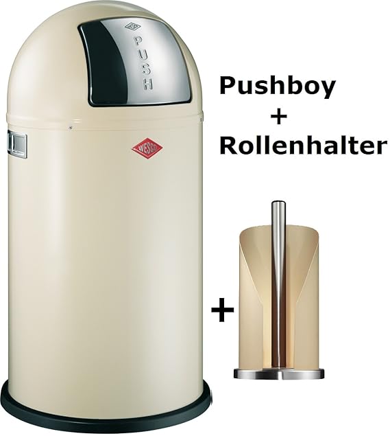 Wesco 175831-23 Pushboy 50-Liter Mülleimer & Küchenrollenhalter im Set, mandel