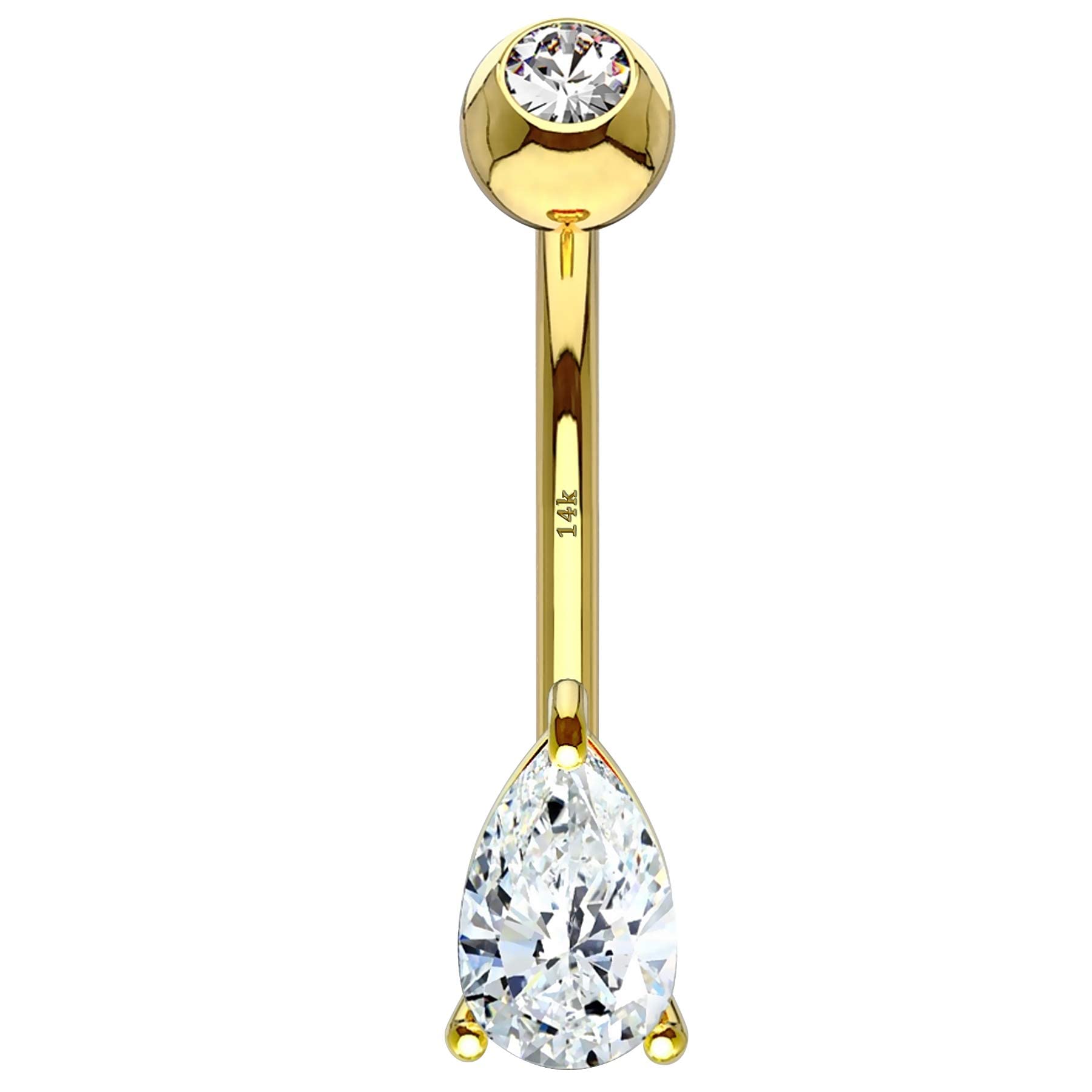 OUFER 14G 14K Solid Gold Belly Button Ring Clear Teardrop CZ Navel Rings Belly Bars White Gold