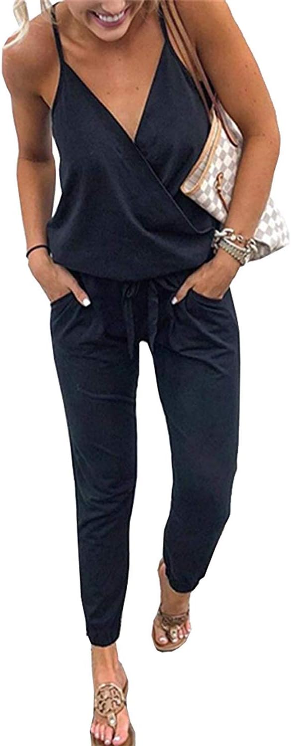 QEESMEI Women Jumpsuits Rompers Strap Drawstring Waisted Long Pants