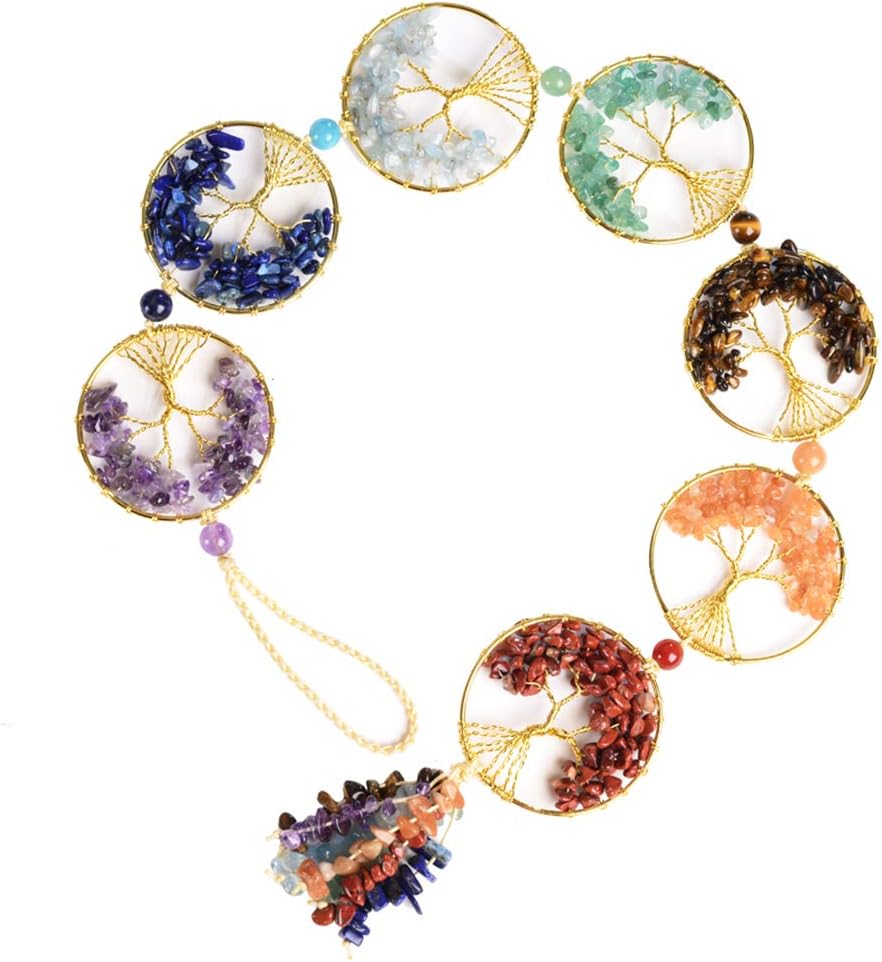 7 Chakra Stone Healing Crystal Tree of Life Wall Hanging Home Interior Decoration Feng Shui Good Luck Home Window Decoration Yoga Meditation Protection - Tumbled Palm Stones