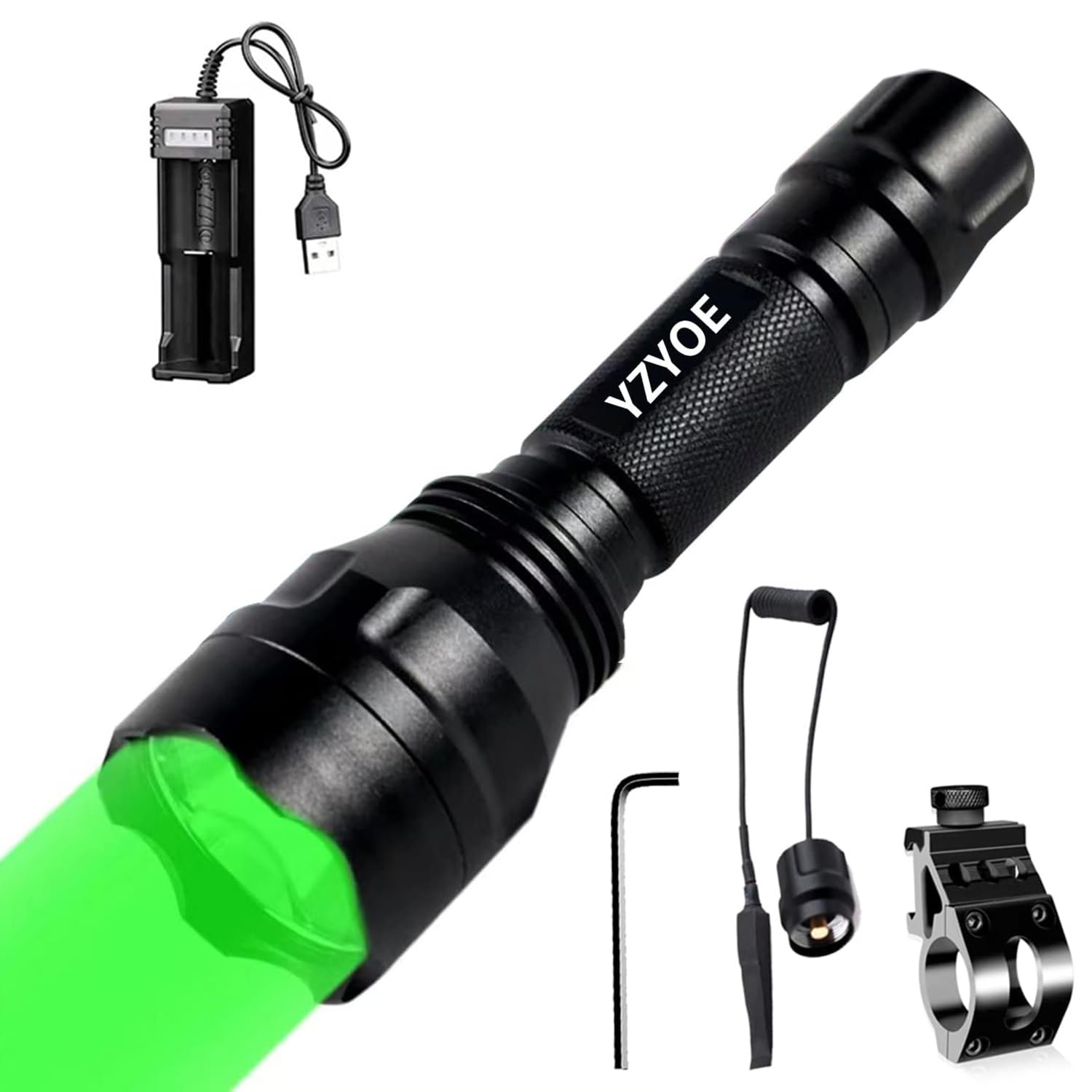YZYOE Rechargeable Green Light Tactical Flashlight，500 Yards Green LED Hunting Light kit, Universal Picatinny Rail Mount with Pressure Switch for Long Distance Night Hunt.