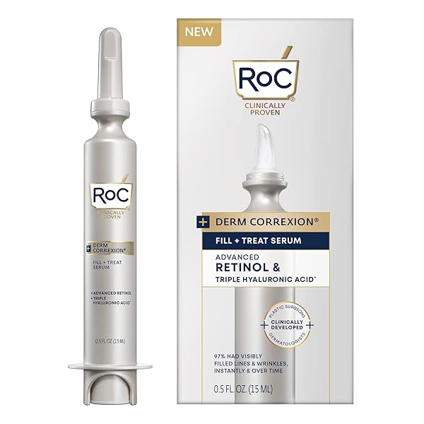 ROC DERM CORREXION FILL + TREAT ADVANCED RETINOL SERUM WITH HYALURONIC ACID FOR FOREHEAD WRINKLES, CROW’S FEET, ELEVEN WRINKLES, AND LAUGH LINES, STOCKING STUFFER, 15ML
