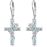 JKR Flower Cross Earrings for Women with S925 Sterling Silver Opal/Blue Opal/Turquoise/Moss Agate/Abalone Shell Earrings Filigree Jewelry Birthday Anniversary Christmas Gifts