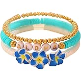 MMIUAEG 2Pcs Hawaiian Plumeria Rubra Bracelets Bohemian Polymer Clay Beaded Stretch Bracelet for Women Tropical Flower Summer Beach Boho Jewelry