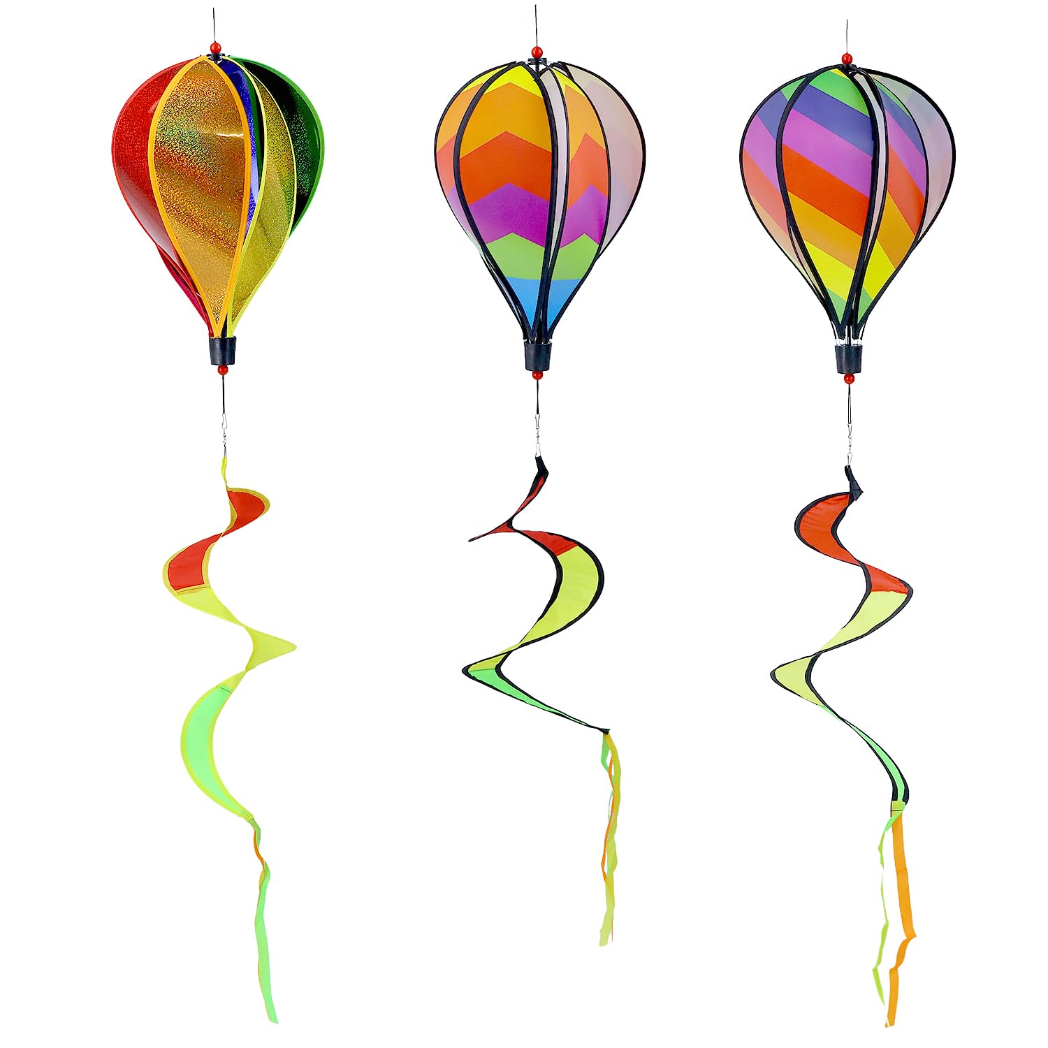 QWORK® 3-Pack Hot Air Balloon Wind Spinner 110 cm (3.6ft) - Rainbow Garden Pinwheels Striped Windsock for Indoor & Outdoor Decoration