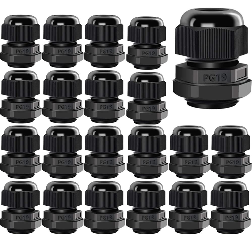 Gebildet 20Pcs Cable Gland, PG19 Plastic Waterproof Adjustable 12-16mm IP68 Cable Gland Joint with Rubber Gaskets, M24*1.5 Wire Connector, Wire Protector (Black)
