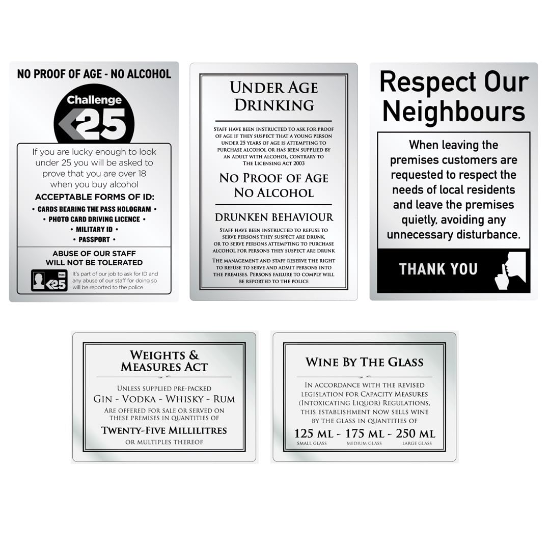 Essential Bar Licensing Silver Aluminium Challenge 25 Signs Pack - 5Pcs 25ml Pub Restaurant Catering - Spirit Measures - Respect Neighbours - No Proof of Age No Alcohol