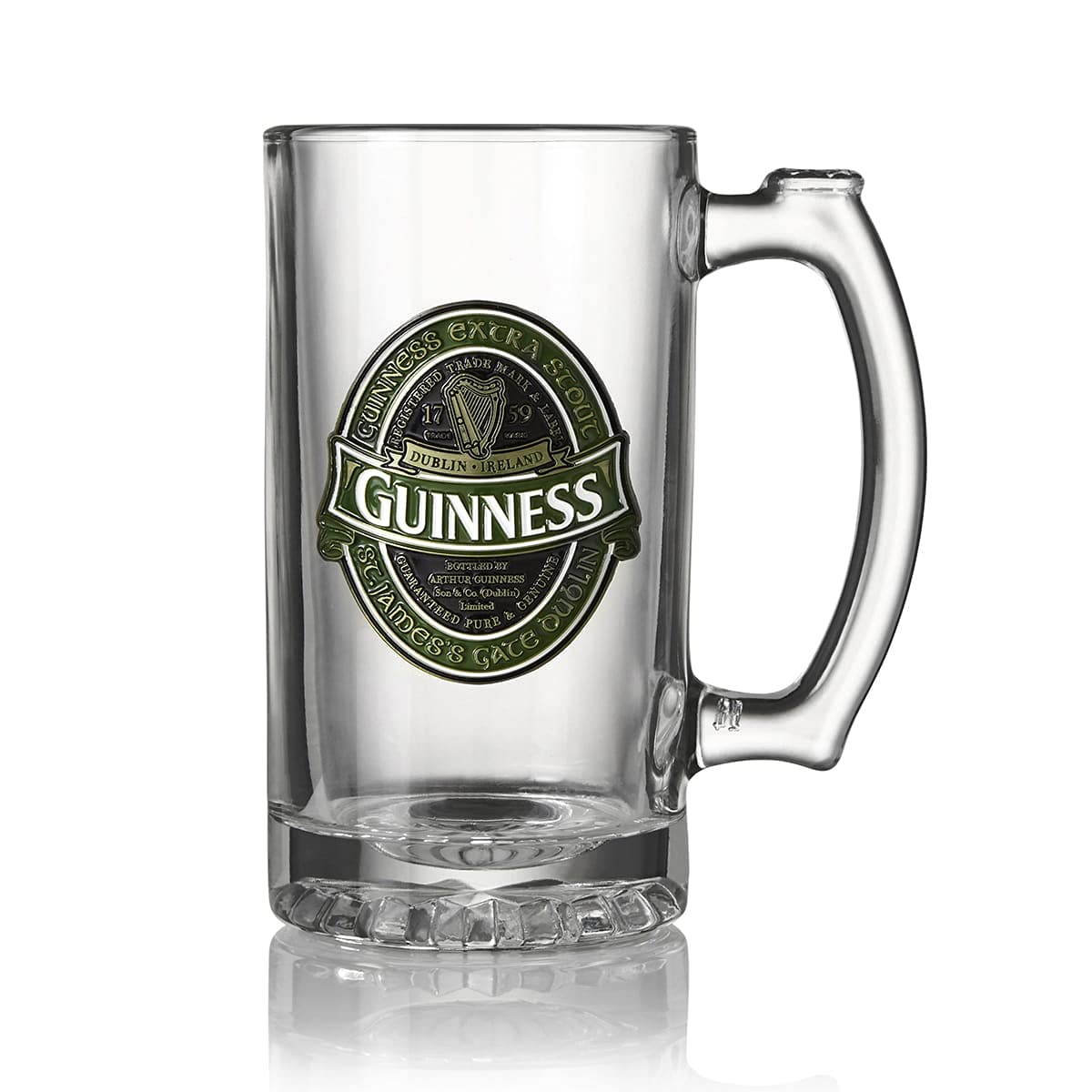 Guinness Green Ireland Collection Beer Pub Style Pint Glass - Tankard Style Glass with Metal Badge
