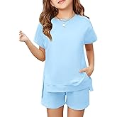Haloumoning Girls 2 Piece Summer Outfits Kids Short Sleeve T-Shirts and Elastic Waist Shorts Clothing Sets
