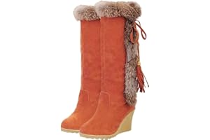 Women's Winter Warm Outdoor Mid Calf Boots High Heels Wedge Snow Bootie Faux Fur Comfortable Knee High Fuzzy Boots