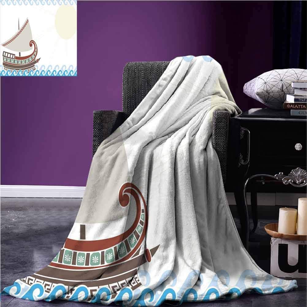 Toga Party Office Blanket Ornate Ship Floating on Classic Greek Style Ocean Waves Faded Sun Plush Blankets Twin(60" x 80") Light Blue Redwood Umber