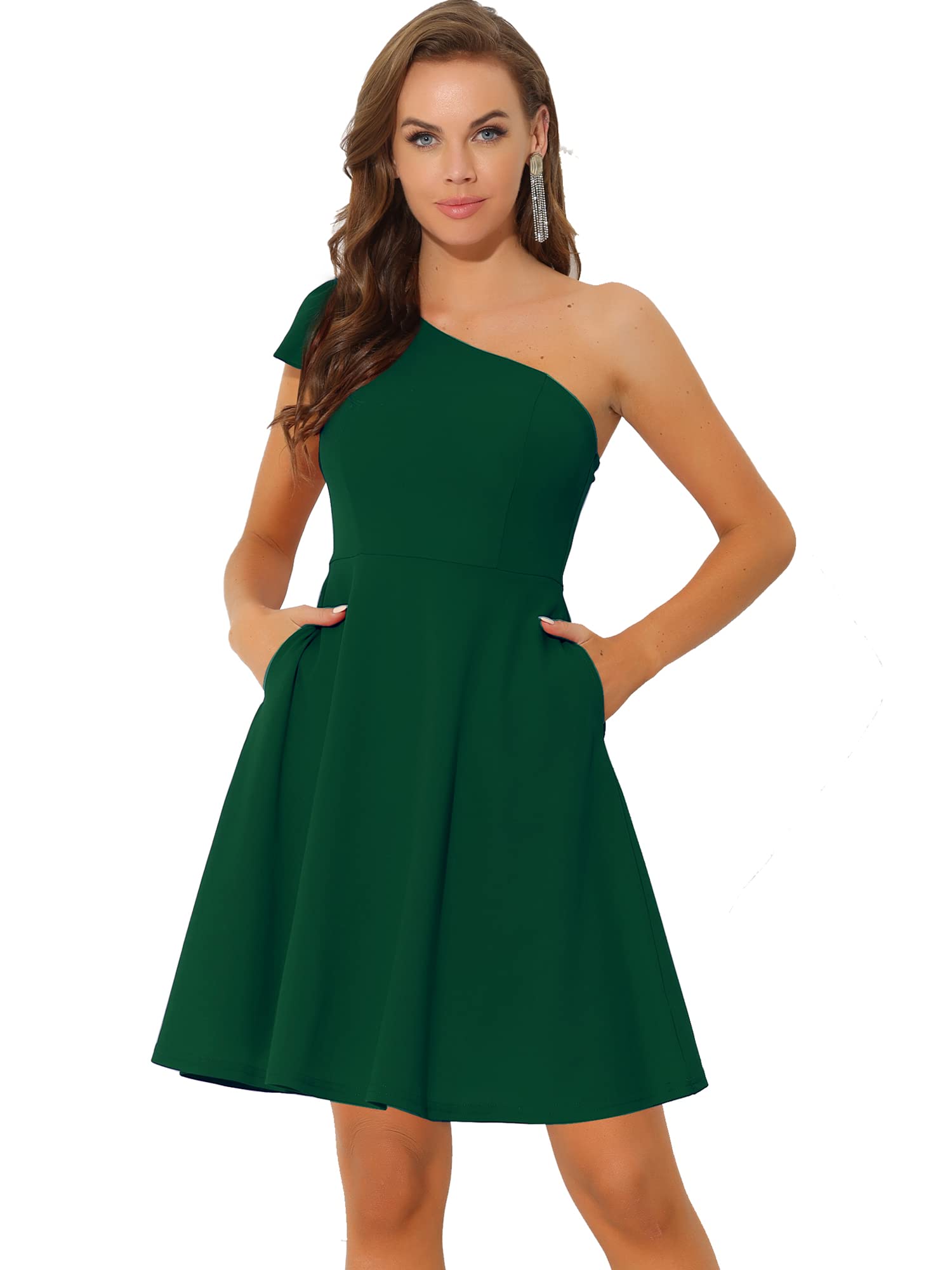 Photo 1 of Allegra K Evening Cocktail Dress for Women's Party Elegant Flared One Shoulder Formal Dresses Small Dark Green - S
