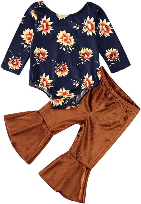 Newborn Toddler Baby Girl Long Sleeve Floral Romper Bodysuit Bell Bottom Flare Pant 2Pcs Clothes Outfit Set