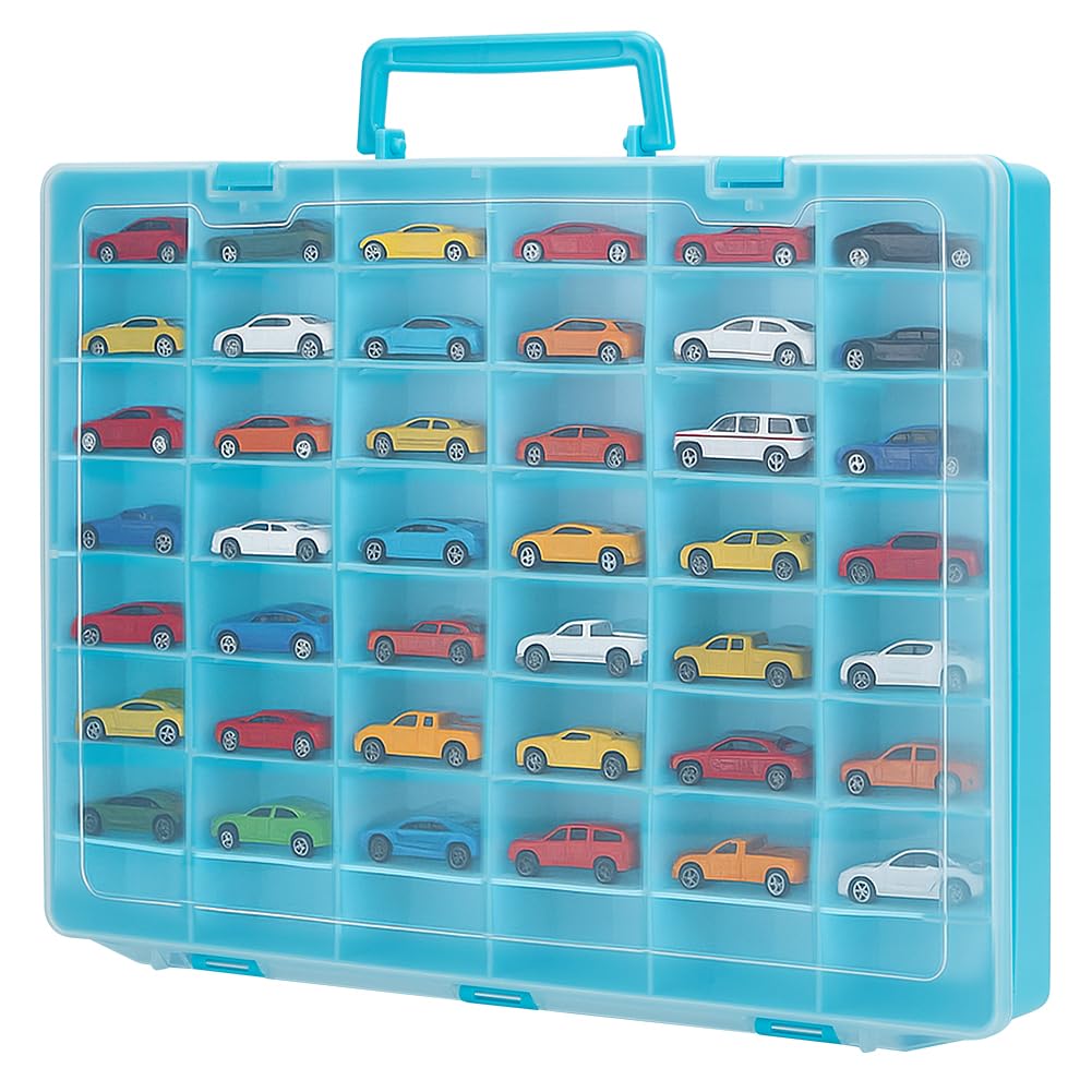 CUTHOLLOW Toy Car Storage Organizer with 48 Compartments and Adjustable Dividers, Portable Mini Toy Model Cars Display Case Holder for Car Collection, Blue