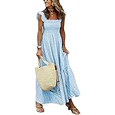 chouyatou Women's Retro Plaid Smocked Dress Spaghetti Strap Flounce Long Dress