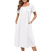 Bloggerlove 100% Cotton Nightgowns for Women Embroidery Pleated Button House Dress Long Moomoo Nightgown with Pockets