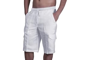 Qekoma Men's Casual Hawaiian Shorts Elastic Waist Drawstring Lightweight Cotton Linen Shorts Summer Beach Vacation Shorts