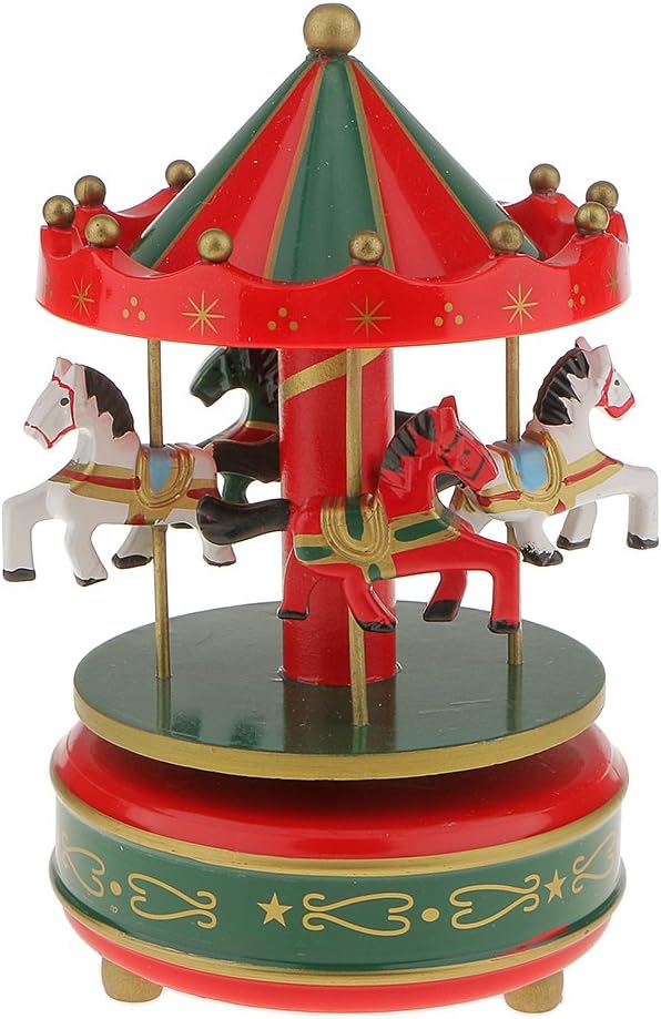 Segolike Merry Go Round Music Box w/ Steepletop Christmas Kid Birthday Present Carousel Musical Box Toy - red and green